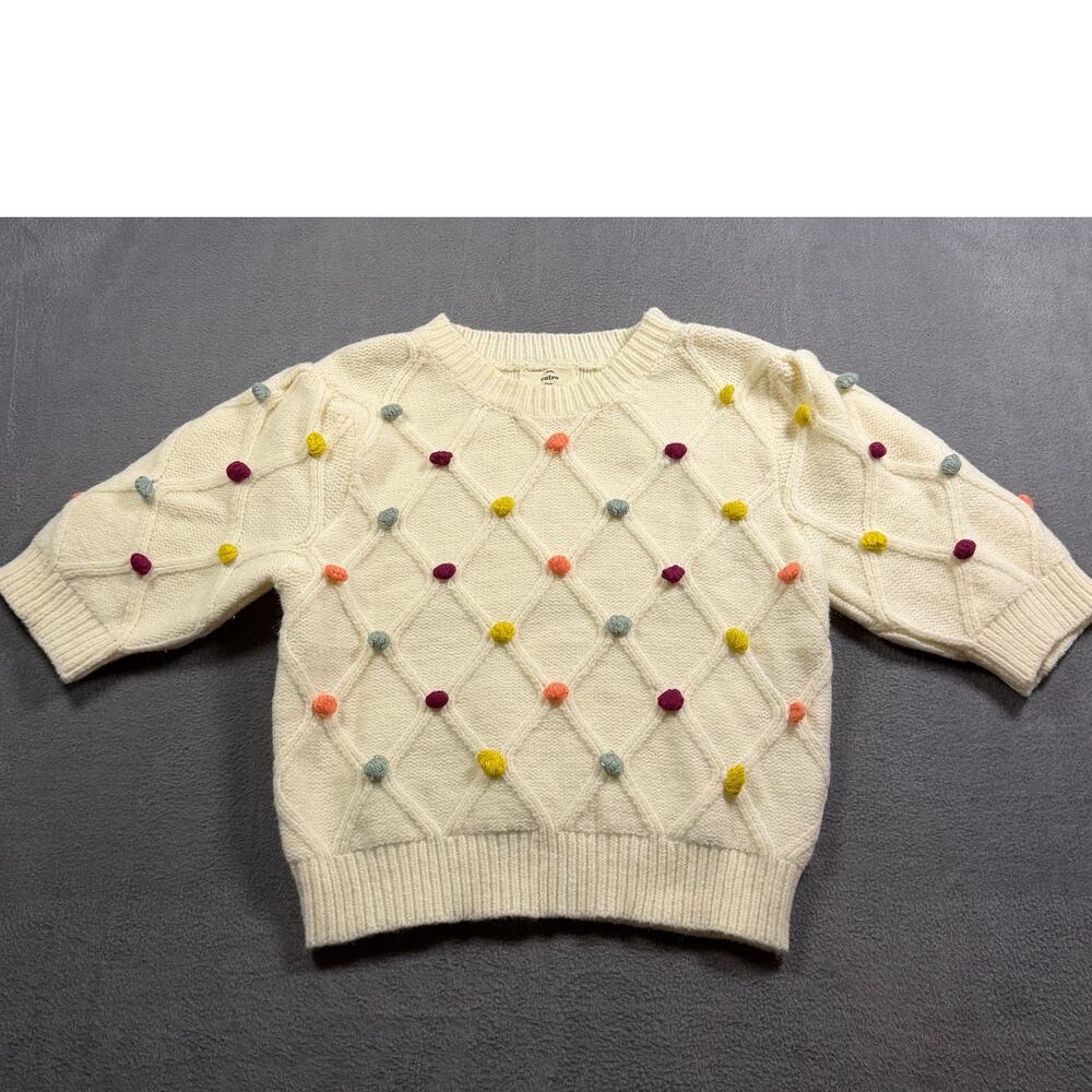 Entro Cream Diamond Cable Knit Colorful Pom Pom Short Sleeve Sweater Top Small